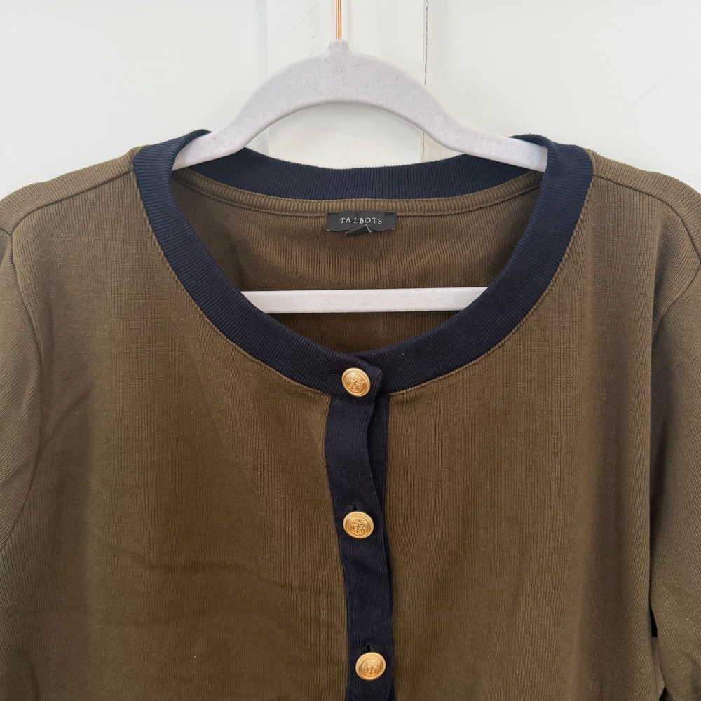 Talbots Cardigan Sweater Gold Button Olive Green Navy Trim 100% Cotton Preppy XL - Picture 2 of 7